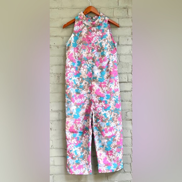 Vintage 60s Floral Sleeveless Jumpsuit - Pink, Blue, and Brown - Picture 8 of 10